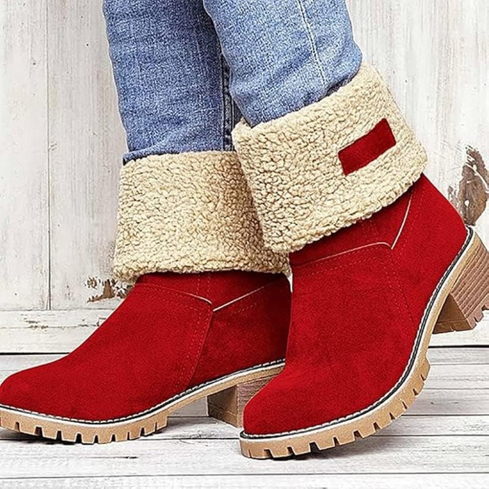 Red Faux-Suede Sherpa Cuff Winter Boots - Women